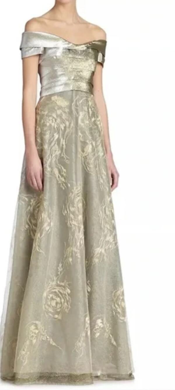Rene Ruiz Tiered Tulle Off The Shoulder Gold floral detail Gown. Size 8